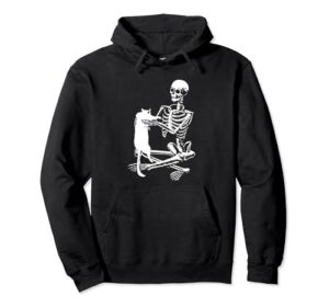 skeleton holding a cat shirt lazy halloween costume skull pullover hoodie