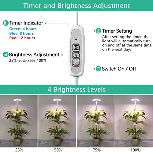 LORDEM Plant Grow Light, Full Spectrum Plant Light for Indoor Plants, Brightness Adjustable LED Growing Lamp with Auto On/Off Timer 4H/8H/12H, Height Adjustable, Ideal for Tall Plants