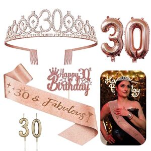 30th birthday decorations for her - 5pcs gifts including 30th tiara crown, sash, cake toppers, balloons, birthday candles, 30 birthday gifts for women