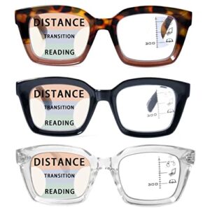 HIYANJN 3 Pack Progressive Multifocal Reading Glasses for Women Men Oprah style Blue Light Blocking Spring Hinger Readers 1.75