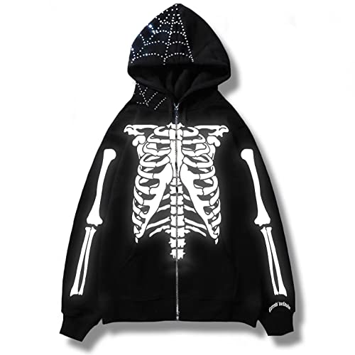 HUDENRTV Unisex Skull Skeleton Hoodie Halloween Zip Up Hoodie for Women Streetwear Oversized Graphic Hoodie Coat Y2K Jackets (1,L)