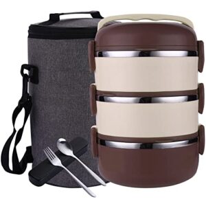 diluoou stackable lunch box, 3 tier stainless steel thermal lunch box,insulated bento lunch box for adult with lunch bag & utensils (brown)