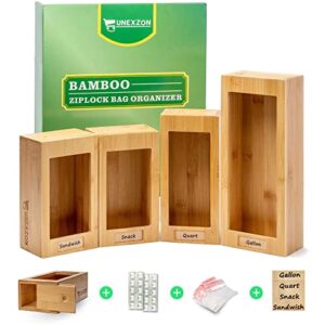 unexzon bamboo ziplock bag storage organizer for kitchen drawer. ziploc & plastic bag holder, baggie organizer compatible with gallon, quart, sandwich & snack variety size food bags (1 box 4 slots)