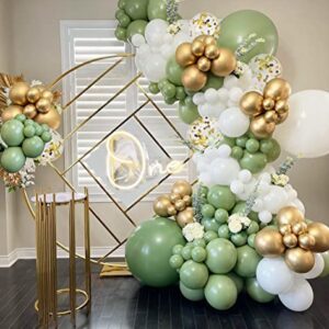 Sage Green Balloon Garland Kit,138pcs Sage Green Balloons with White Metallic Gold Confetti Balloons for Wedding Birthday Party Baby Shower Party Background Decoration