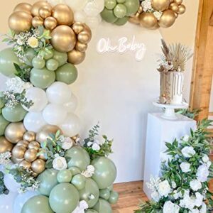 Sage Green Balloon Garland Kit,138pcs Sage Green Balloons with White Metallic Gold Confetti Balloons for Wedding Birthday Party Baby Shower Party Background Decoration