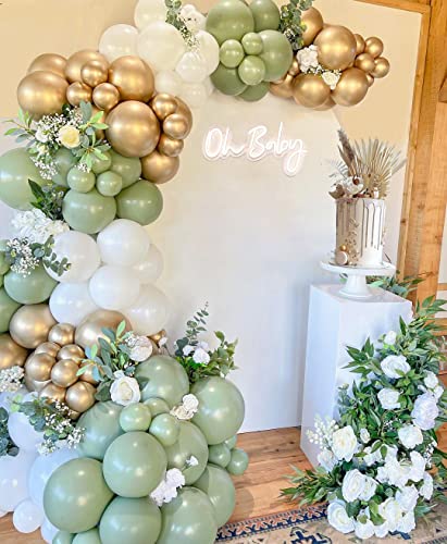 Sage Green Balloon Garland Kit,138pcs Sage Green Balloons with White Metallic Gold Confetti Balloons for Wedding Birthday Party Baby Shower Party Background Decoration