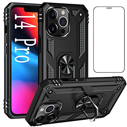 Phone Cases Designed for iPhone 14 Pro Case with Screen Protector Ring Stand Magnetic Kickstand ip14 i14 i x14 Fourteen 14S Pro 14Pro Pro14 Phone Case Cover Black