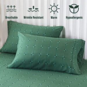 KeoWin Queen Bed Sheet Set 4PC 100% Microfiber up to Around 15" Deep Pocket, Super Soft Cooling Breathable Brushed Double Bedding, Machine Washable & Easy Care, Wrinkle Free - 3D Grid (Green)