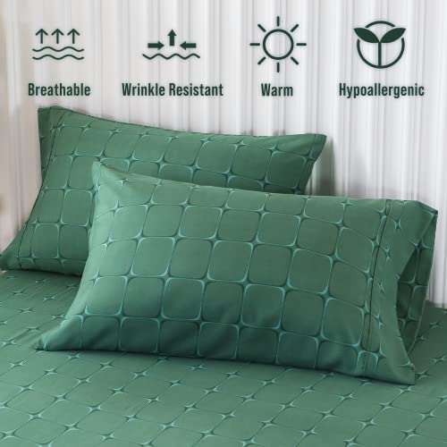 KeoWin Queen Bed Sheet Set 4PC 100% Microfiber up to Around 15" Deep Pocket, Super Soft Cooling Breathable Brushed Double Bedding, Machine Washable & Easy Care, Wrinkle Free - 3D Grid (Green)