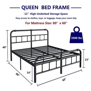 Artimorany Queen Size Bed Frame with Headboard and Footboard,14 Inch High, 3500 Pounds Support for Mattress, No Box Spring Needed, Vintage Style Noise Free, Easy Assembly(Black)