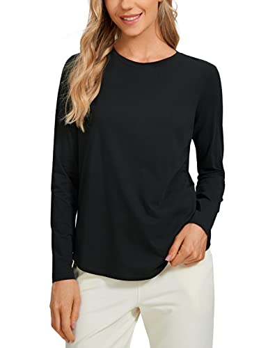 CRZ YOGA Pima Cotton Workout Long Sleeve Shirts for Women Athletic Crewneck Yoga Casual Tops Plain T-Shirt Black Medium