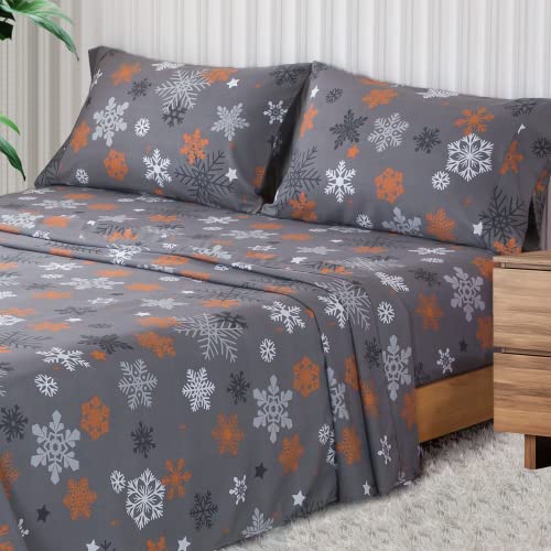 KeoWin Queen Bed Sheet Set 4PC 100% Microfiber up to Around 15" Deep Pocket, Super Soft Cooling Breathable Brushed Double Bedding, Machine Wash, Easy Care, Wrinkle Free - Snowflake (Grey)