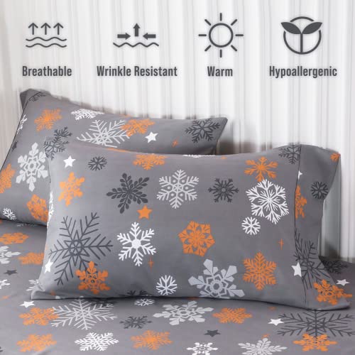 KeoWin Queen Bed Sheet Set 4PC 100% Microfiber up to Around 15" Deep Pocket, Super Soft Cooling Breathable Brushed Double Bedding, Machine Wash, Easy Care, Wrinkle Free - Snowflake (Grey)