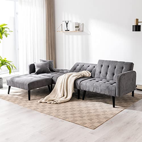 GYUTEI 100" Convertible Sectional Sofa Bed, Modern Linen 3-seat L-Shaped Couch with 3 Angle Adjustable Backrest, Upgrade Soft Cushion & Sturdy Construction for Living Room and Apartment (Dark Gray)