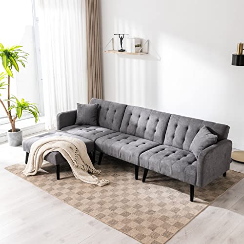 GYUTEI 100" Convertible Sectional Sofa Bed, Modern Linen 3-seat L-Shaped Couch with 3 Angle Adjustable Backrest, Upgrade Soft Cushion & Sturdy Construction for Living Room and Apartment (Dark Gray)