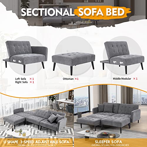 GYUTEI 100" Convertible Sectional Sofa Bed, Modern Linen 3-seat L-Shaped Couch with 3 Angle Adjustable Backrest, Upgrade Soft Cushion & Sturdy Construction for Living Room and Apartment (Dark Gray)