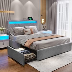 adorneve led full size bed frame with storage drawers, upholstered platform bed frame full with led lights and charging station, sturdy wooden slats support, no box spring needed, light grey