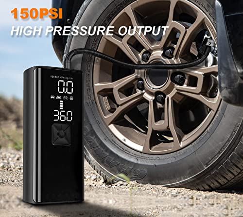 KIMHI Tire Inflator Portable Air Compressor,150PSI Portable Tire Inflator for Car,10000mAh Battery,2X Faster Inflation Electric Air Pump with Digital Pressure,Emergency Lights,Fits Cars,Motorcycle,Bal