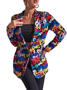 wdirara women's color block graphic print long sleeve lapel blazer jacket multicolor letters l