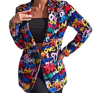 WDIRARA Women's Color Block Graphic Print Long Sleeve Lapel Blazer Jacket Multicolor Letters L