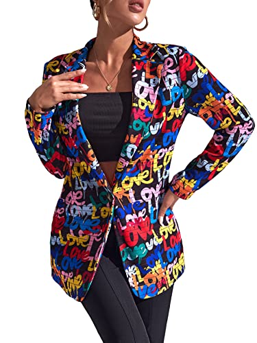 WDIRARA Women's Color Block Graphic Print Long Sleeve Lapel Blazer Jacket Multicolor Letters L