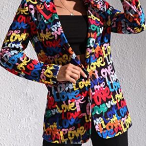 WDIRARA Women's Color Block Graphic Print Long Sleeve Lapel Blazer Jacket Multicolor Letters L