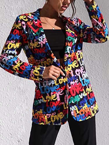 WDIRARA Women's Color Block Graphic Print Long Sleeve Lapel Blazer Jacket Multicolor Letters L