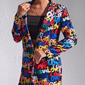 WDIRARA Women's Color Block Graphic Print Long Sleeve Lapel Blazer Jacket Multicolor Letters L