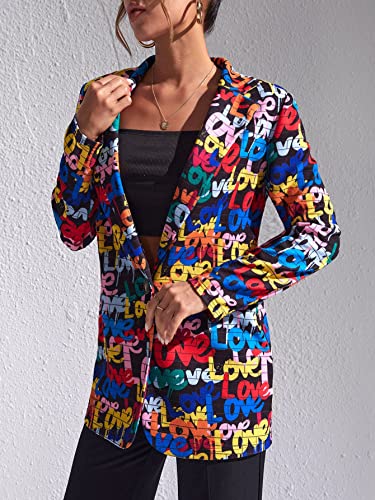 WDIRARA Women's Color Block Graphic Print Long Sleeve Lapel Blazer Jacket Multicolor Letters L