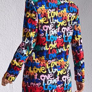 WDIRARA Women's Color Block Graphic Print Long Sleeve Lapel Blazer Jacket Multicolor Letters L