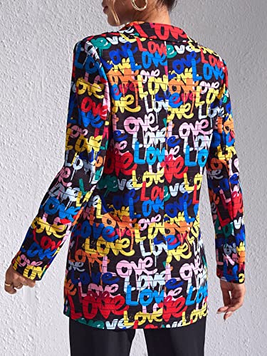 WDIRARA Women's Color Block Graphic Print Long Sleeve Lapel Blazer Jacket Multicolor Letters L