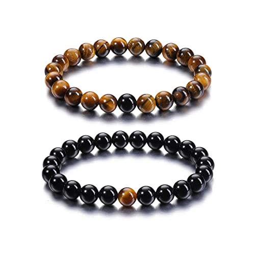 Jovivi 2pcs 8mm Black Obsidian & Tiger Eye Healing Crystal Stone Stretch Bracelets Handmade Natural Round Gemstone Beaded Energy Beads Chakra Bracelet for Women Men Couples Distance Gifts