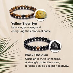 Jovivi 2pcs 8mm Black Obsidian & Tiger Eye Healing Crystal Stone Stretch Bracelets Handmade Natural Round Gemstone Beaded Energy Beads Chakra Bracelet for Women Men Couples Distance Gifts