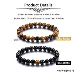 Jovivi 2pcs 8mm Black Obsidian & Tiger Eye Healing Crystal Stone Stretch Bracelets Handmade Natural Round Gemstone Beaded Energy Beads Chakra Bracelet for Women Men Couples Distance Gifts