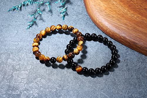 Jovivi 2pcs 8mm Black Obsidian & Tiger Eye Healing Crystal Stone Stretch Bracelets Handmade Natural Round Gemstone Beaded Energy Beads Chakra Bracelet for Women Men Couples Distance Gifts