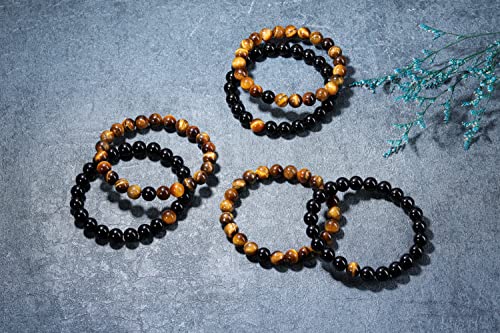 Jovivi 2pcs 8mm Black Obsidian & Tiger Eye Healing Crystal Stone Stretch Bracelets Handmade Natural Round Gemstone Beaded Energy Beads Chakra Bracelet for Women Men Couples Distance Gifts