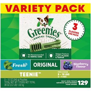 greenies teenie natural dental care dog treats, 36 oz. variety pack, 3 packs of 12 oz. treats