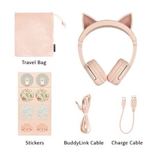 ONANOFF BuddyPhones PlayEars+, On-Ear Bluetooth Kids Headphones with Cat Ears, Volume-Limiting with Microphone, Works Wired or Wireless, 24-Hours Battery Life, for iPhone, iPad, Tablet and More