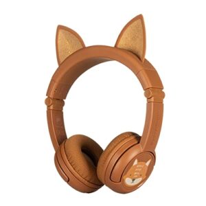 onanoff buddyphones playears+, on-ear bluetooth kids headphones with fox ears, volume-limiting with microphone, works wired or wireless, 24-hours battery life, for iphone, ipad, tablet and more