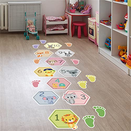 Hopscotch Game Wall Sticker Floor Decal, Cartoon Animal Digital Floor Wallpaper ,Decoration for Baby Kids Room Nursery Kindergarten Classroom Playroom Decor Wall Decor