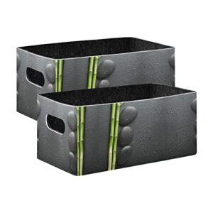 Poeticcity Black Zen Basalt Stones with Dew Green Bamboo on Dark 2 PCs Collapsible Felt Cloth Storage Box, Rectangular Desk Organizer Basket Bin, Detachable Laundry Hamper Counter Holder Box