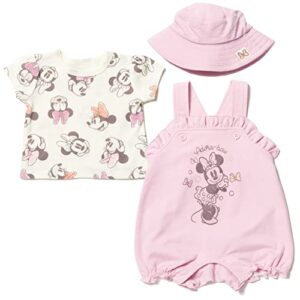 disney minnie mouse infant baby girls french terry short overalls t-shirt and hat 3 piece outfit set pink 18 months