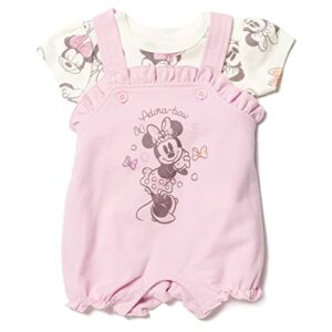 Disney Minnie Mouse Infant Baby Girls French Terry Short Overalls T-Shirt and Hat 3 Piece Outfit Set Pink 18 Months