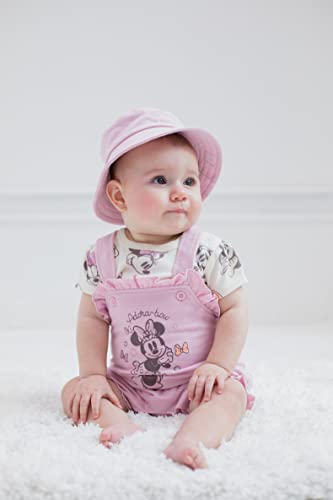 Disney Minnie Mouse Infant Baby Girls French Terry Short Overalls T-Shirt and Hat 3 Piece Outfit Set Pink 18 Months