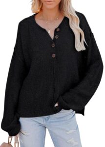 lillusory womens black tops v neck pullover sweaters 2023 fall long sleeve waffle knit tunic sweater button casual henley shirts