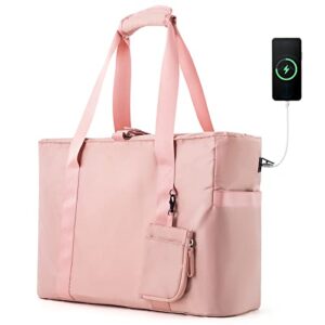 macwe pink tote bag for women with yoga mat buckle - large laptop tote bag with computer sleeve - water-resistant handbag for work, school and gym ( pink )