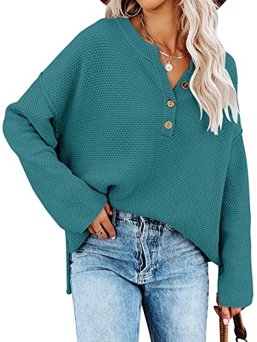 Nigaga Womens V Neck Oversized Sweaters Batwing Long Sleeve Button Up Henley Tops Pullover Loose Chunky Knit Jumper Ni433ailv-L