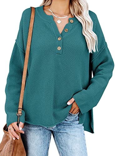 Nigaga Womens V Neck Oversized Sweaters Batwing Long Sleeve Button Up Henley Tops Pullover Loose Chunky Knit Jumper Ni433ailv-L