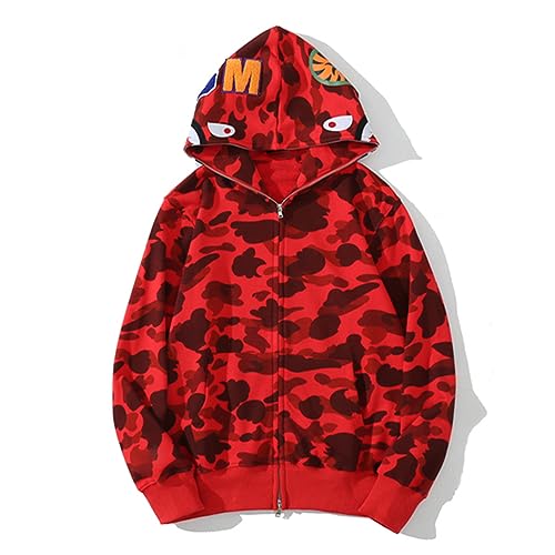 Men's Hoodie Shark Mouth Full Zip Jackets Oversized Long Sleeve Coat Trendy Hip Hop Tops Full Zip Hoodie for Men RED-M