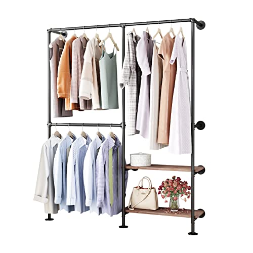 IronJiaZu Industrial Pipe Clothes Racks with Black Shelves, Industrial Pipe Black Clothing Rack with Double Hanging Rods, Heavy Duty Wall Mounted Clothing Rack Rod for Closet Storage, Bedroom